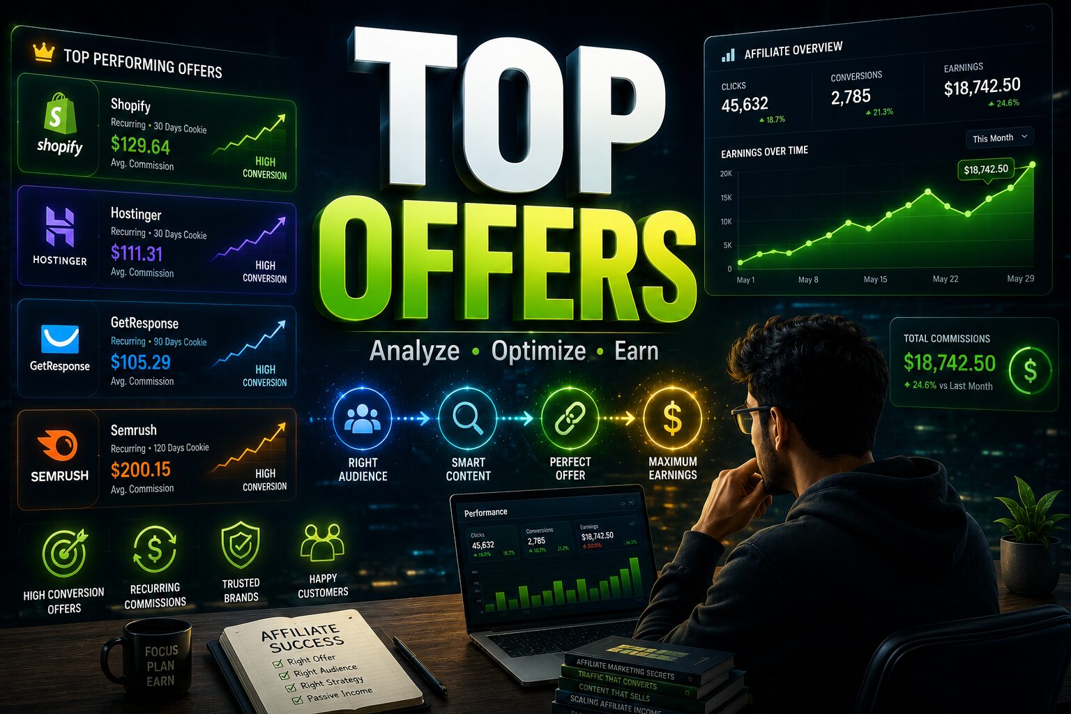top performing affiliate offers, affiliate analytics dashboard, recurring commission tracking এবং high-converting affiliate ecosystem দেখানো cinematic fintech banner