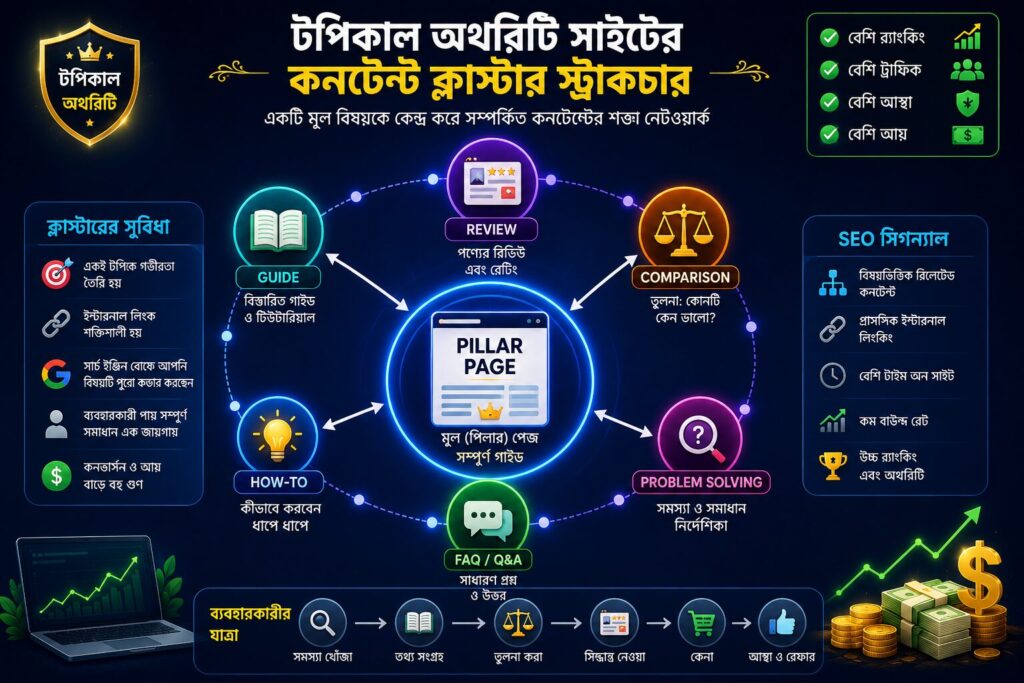 পিলার পেজ ও কনটেন্ট ক্লাস্টারের মাধ্যমে টপিকাল অথরিটি তৈরির ইনফোগ্রাফিক