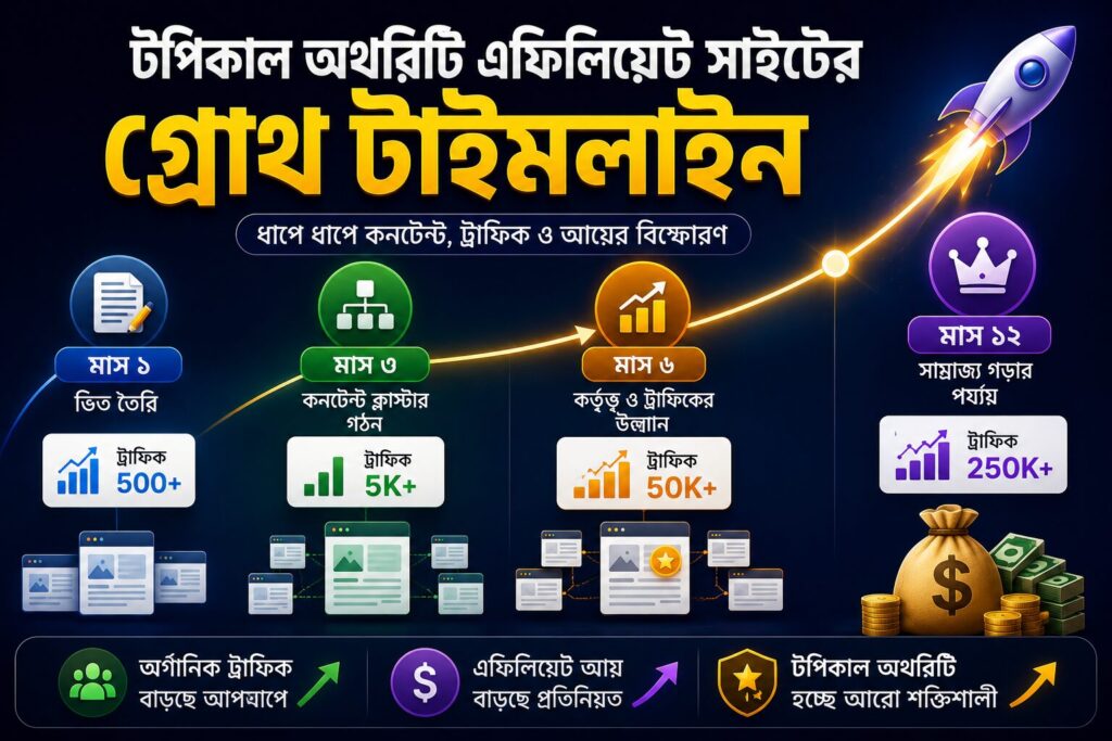 টপিকাল অথরিটি এফিলিয়েট সাইটের ধাপে ধাপে ট্রাফিক ও অথরিটি বৃদ্ধির ভিজ্যুয়াল টাইমলাইন