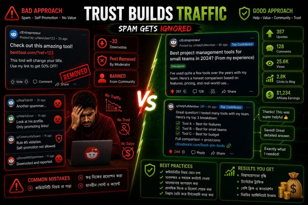 spam Reddit promotion বনাম trust-based helpful Reddit engagement comparison এবং sustainable affiliate traffic strategy দেখানো cinematic split-scene infographic