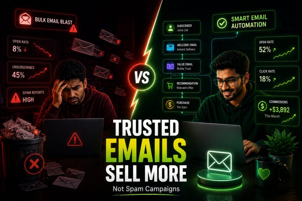 স্প্যাম ইমেইলের তুলনায় স্মার্ট এফিলিয়েট ইমেইল অটোমেশন কীভাবে ওপেন রেট, ক্লিক রেট, কনভার্সন এবং বিক্রি বাড়ায় তার তুলনামূলক ইনফোগ্রাফিক।