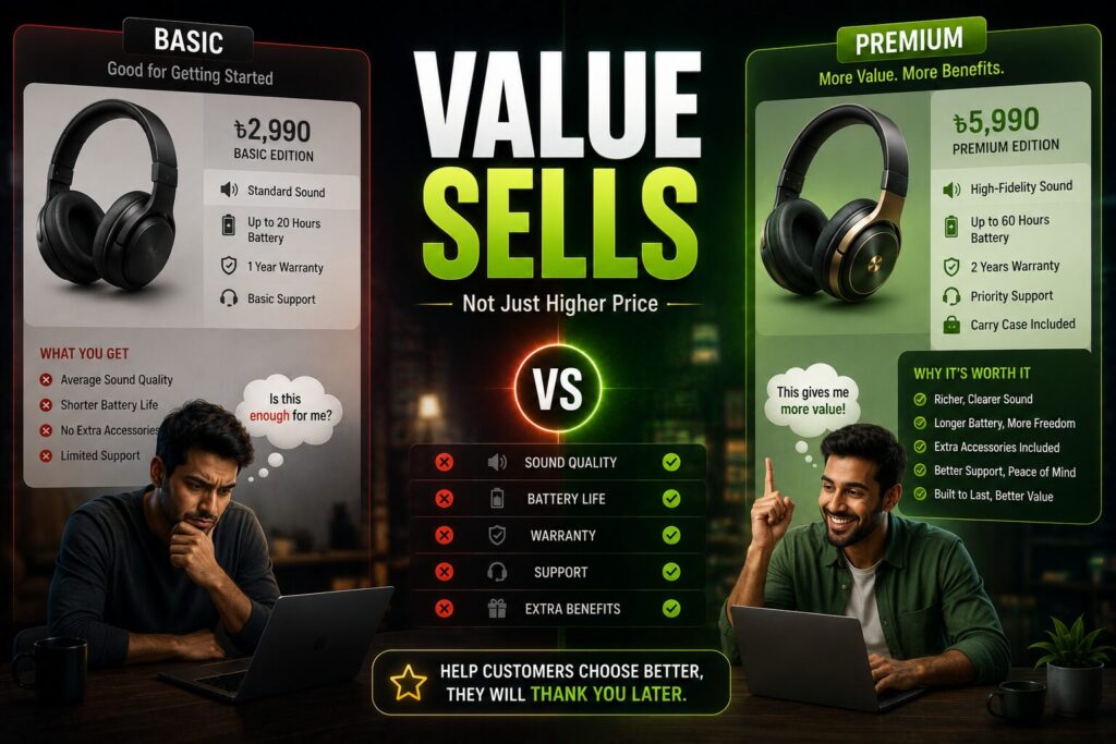 basic vs premium product comparison, value-based upselling strategy এবং customer upgrade decision psychology দেখানো cinematic ecommerce infographic