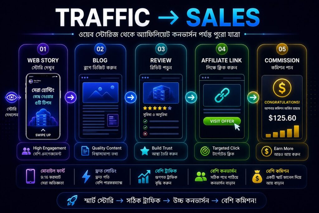Conversion funnel infographic showing the customer journey from visiting a comparison page to comparing products, building trust, selecting the best option, and completing a conversion.