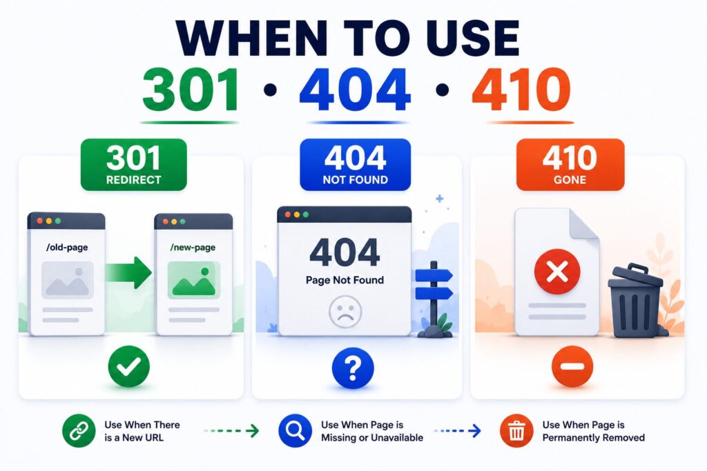301 Redirect, 404 Not Found এবং 410 Gone HTTP স্ট্যাটাস কোড কখন ব্যবহার করা উচিত তার তুলনামূলক ইনফোগ্রাফিক।