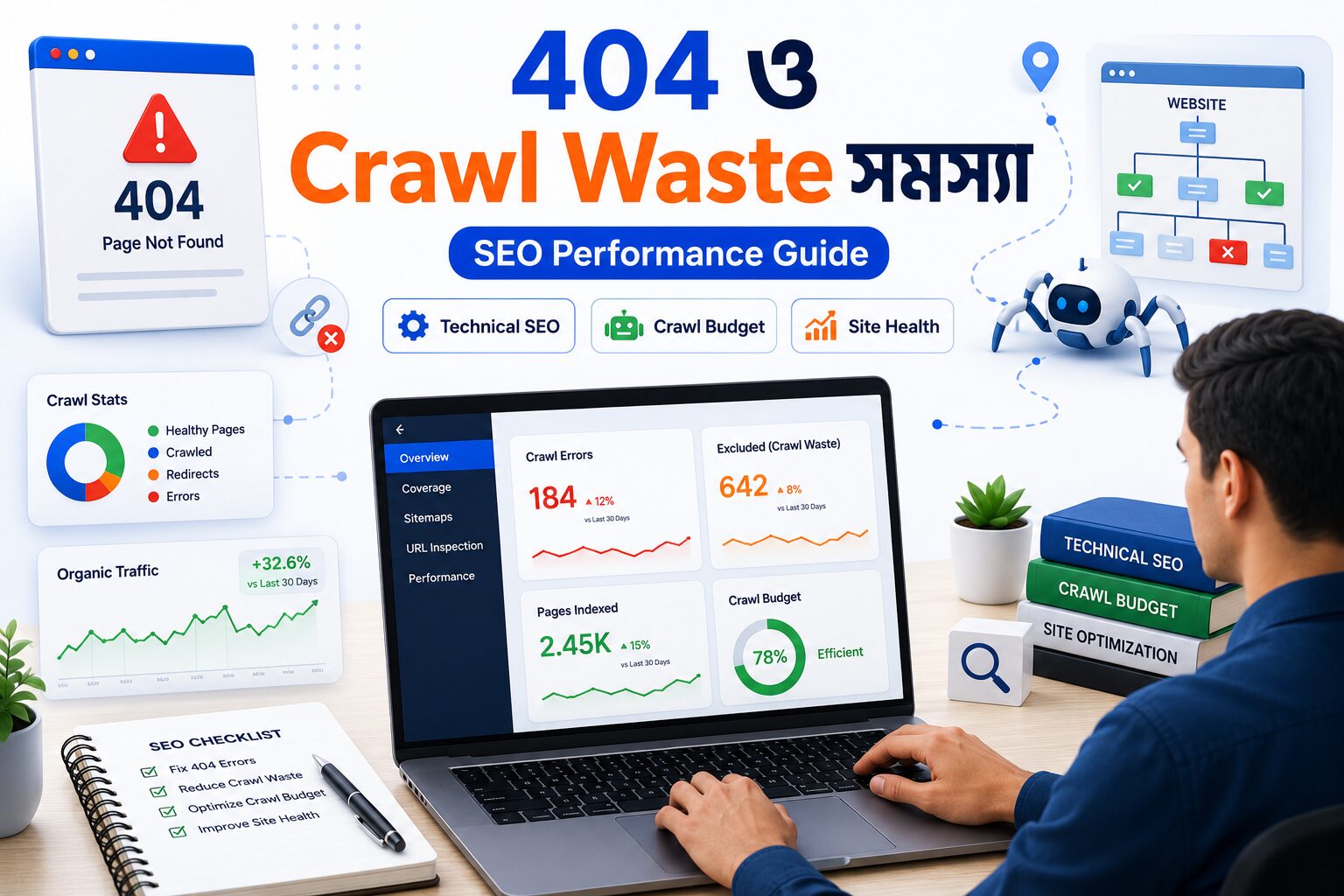 404 ও Crawl Waste সমস্যা নিয়ে তৈরি একটি হিরো ইমেজ, যেখানে broken URL, crawl budget, website health, technical SEO এবং অর্গানিক ট্রাফিকের ওপর এর প্রভাব তুলে ধরা হয়েছে।