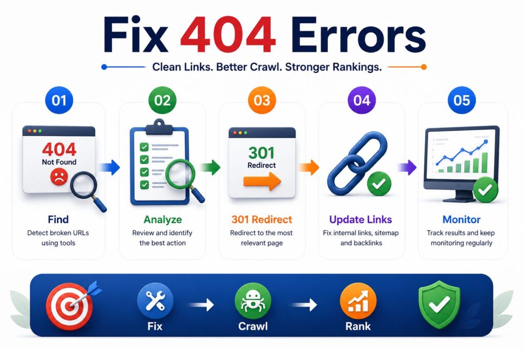 404 error সমাধানের ধাপগুলো দেখানো একটি ইনফোগ্রাফিক, যেখানে broken URL শনাক্ত করা, বিশ্লেষণ, 301 redirect, internal link আপডেট এবং ফলাফল পর্যবেক্ষণের ধাপগুলো উপস্থাপন করা হয়েছে।