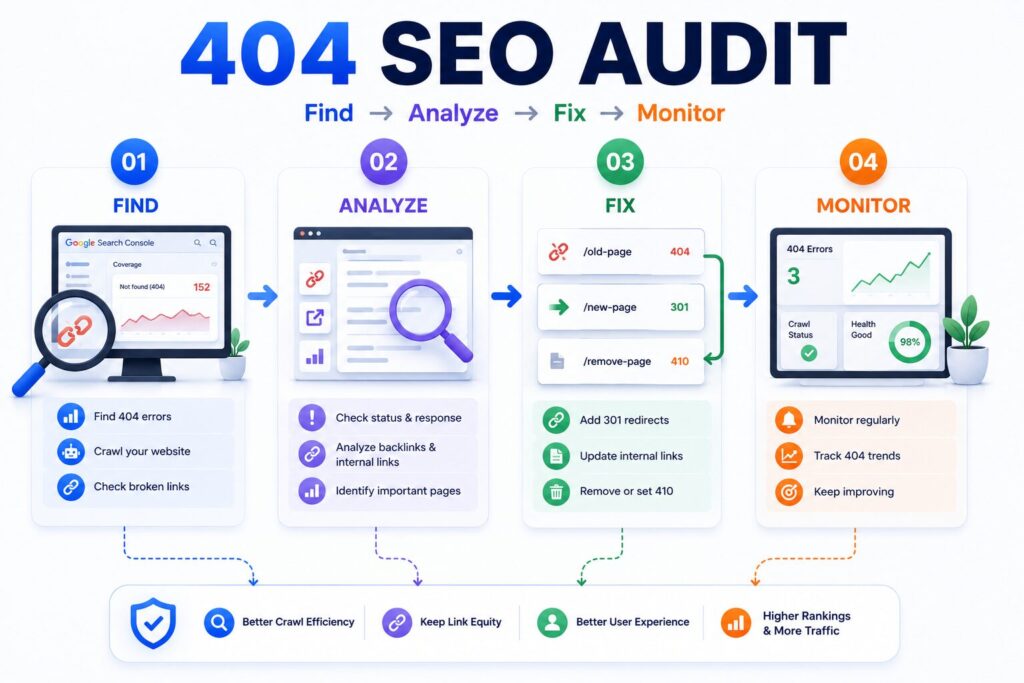404 SEO অডিট ও সমস্যা সমাধানের ধাপসমূহ দেখানো একটি ইনফোগ্রাফিক, যেখানে Find, Analyze, Fix এবং Monitor পর্যায় তুলে ধরা হয়েছে।