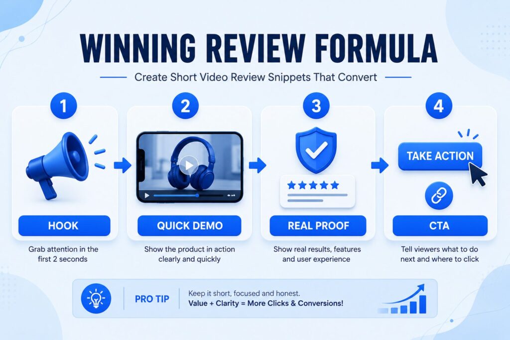Short Video Review Snippets for Affiliate সফলভাবে তৈরির ধাপগুলো দেখানো হয়েছে, যেখানে Hook, Quick Demo, Real Proof এবং CTA-এর কার্যকর ব্যবহার তুলে ধরা হয়েছে।