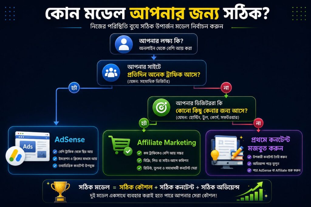 কোন পরিস্থিতিতে AdSense বা Affiliate Marketing বেছে নেওয়া উচিত তার সিদ্ধান্তমূলক ফ্লোচার্ট