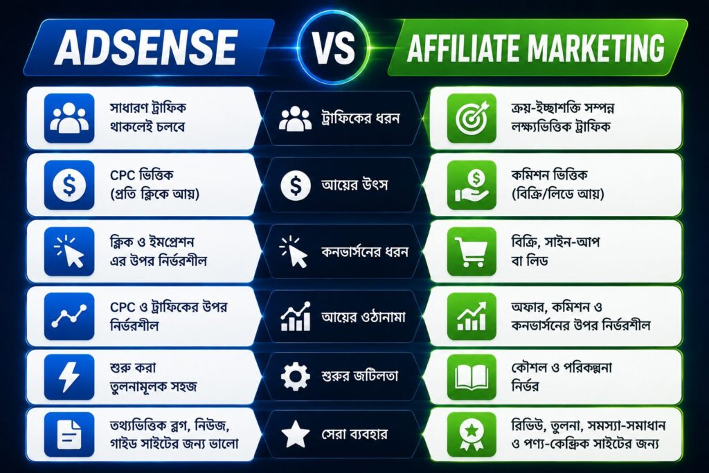 AdSense ও Affiliate Marketing-এর প্রধান পার্থক্যের তুলনামূলক ইনফোগ্রাফিক