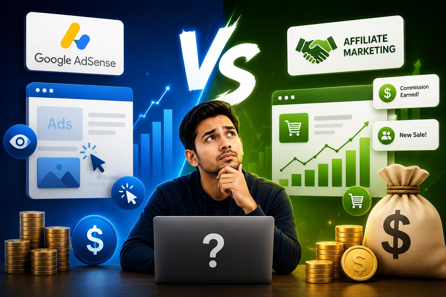 AdSense ও Affiliate Marketing-এর তুলনামূলক উপার্জন মডেলের ধারণামূলক চিত্র