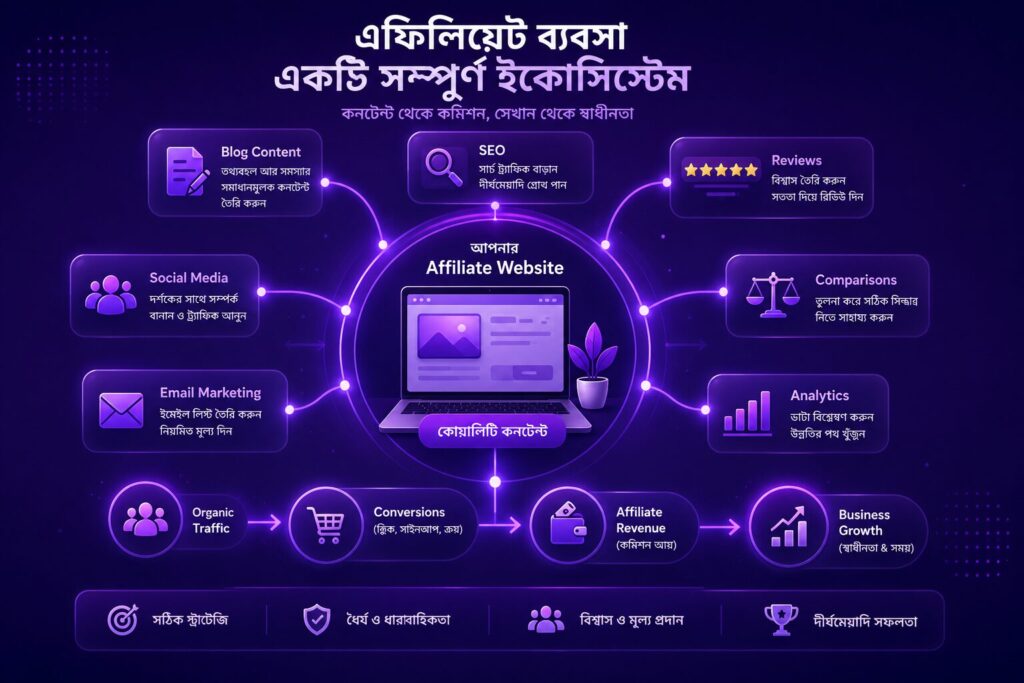 এফিলিয়েট সেলস ফানেল বাংলা: সহজ ধাপে এফিলিয়েট মার্কেটিং এর গোপন রহস্য বোঝাতে SEO, ব্লগ, রিভিউ, ইমেইল মার্কেটিং, অর্গানিক ট্রাফিক, কনভার্সন এবং কমিশন বৃদ্ধির ইকোসিস্টেম দেখানো একটি প্রিমিয়াম ইলাস্ট্রেশন।