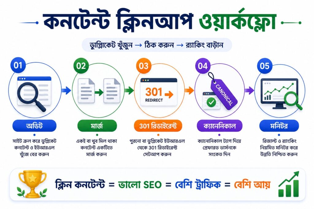 ডুপ্লিকেট কনটেন্ট ক্লিনআপের ধাপগুলো দেখানো একটি ইনফোগ্রাফিক, যেখানে content audit, merge, 301 redirect, canonical tag এবং monitoring-এর মাধ্যমে SEO উন্নত করার প্রক্রিয়া দেখানো হয়েছে।