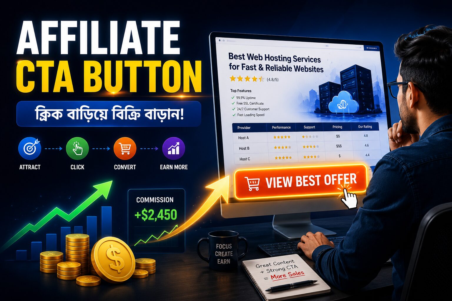 Affiliate CTA Button ব্যবহার করে ক্লিক ও এফিলিয়েট বিক্রি বাড়ানোর ধারণামূলক চিত্র