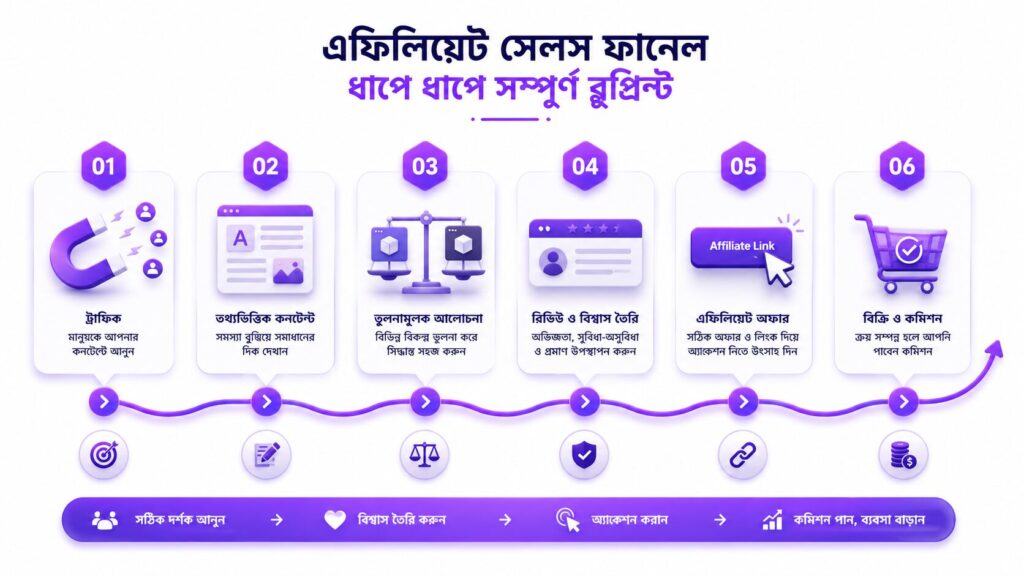 এফিলিয়েট সেলস ফানেল বাংলা: সহজ ধাপে এফিলিয়েট মার্কেটিং এর গোপন রহস্য বোঝাতে ট্রাফিক, তথ্যভিত্তিক কনটেন্ট, তুলনামূলক বিশ্লেষণ, রিভিউ, এফিলিয়েট লিংক এবং কমিশনের ধাপ দেখানো একটি ইনফোগ্রাফিক।