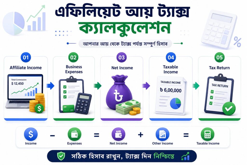 এই ইনফোগ্রাফিকে এফিলিয়েট আয় থেকে কর নির্ধারণ পর্যন্ত পুরো প্রক্রিয়া সহজভাবে দেখানো হয়েছে। মোট কমিশন, গ্রহণযোগ্য ব্যবসায়িক ব্যয়, নেট আয়, করযোগ্য আয় এবং ট্যাক্স রিটার্ন প্রস্তুতের ধাপগুলো ভিজ্যুয়াল আকারে উপস্থাপন করা হয়েছে যাতে নতুন অ্যাফিলিয়েট মার্কেটাররাও সহজে প্রক্রিয়াটি বুঝতে পারেন।