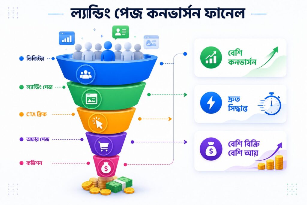 ভিজিটর থেকে কমিশন পর্যন্ত এফিলিয়েট ল্যান্ডিং পেজ কনভার্সন ফানেলের ভিজ্যুয়াল