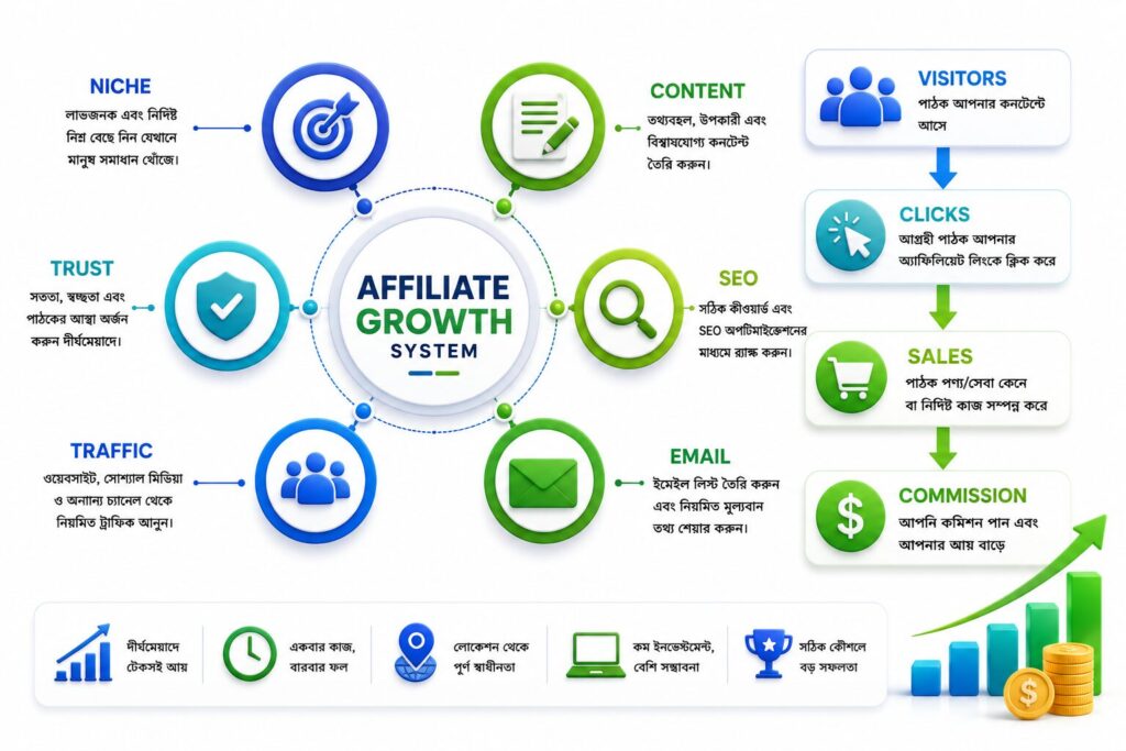 এফিলিয়েট মার্কেটিং শুরু বিষয়টি বোঝাতে Niche, Content, Trust, SEO, Traffic, Email, Visitors, Clicks, Sales এবং Commission-এর একটি আধুনিক Affiliate Growth System ইলাস্ট্রেশন।