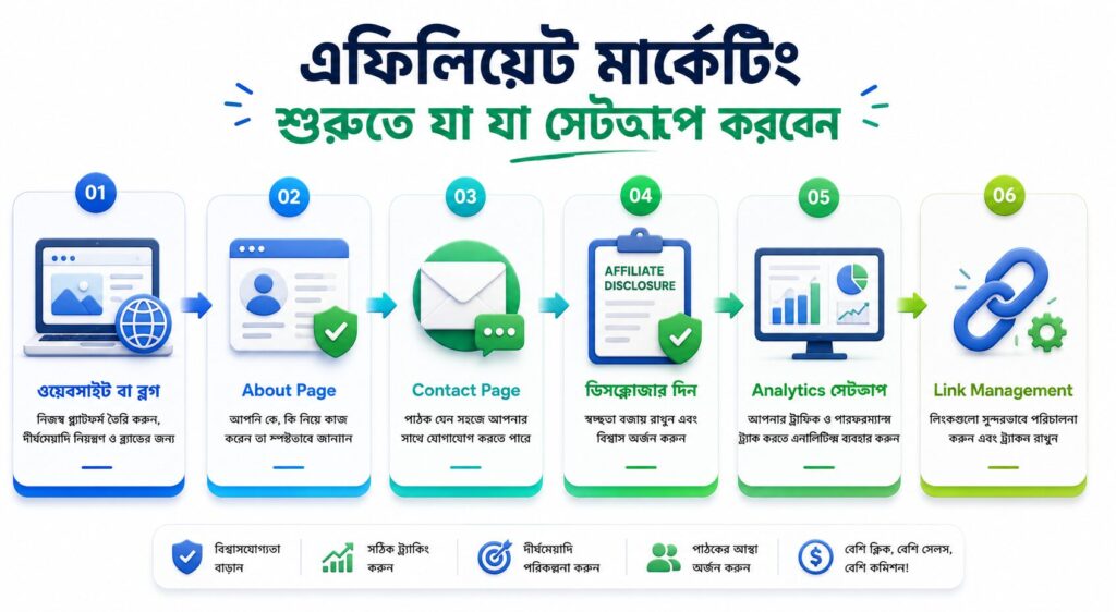 এফিলিয়েট মার্কেটিং শুরু বিষয়টি বোঝাতে নিস নির্বাচন, ওয়েবসাইট, About Page, Contact Page, Affiliate Disclosure, Analytics এবং Link Management-এর ধাপ দেখানো একটি আধুনিক ইনফোগ্রাফিক।