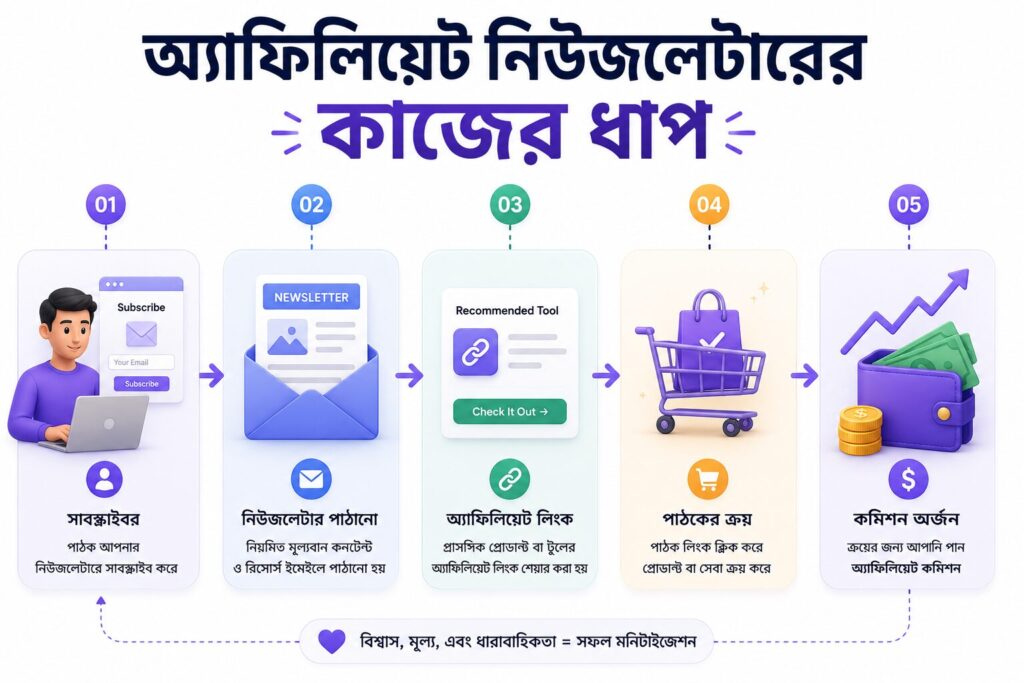 অ্যাফিলিয়েট নিউজলেটারের কাজের ধাপ দেখানো ইনফোগ্রাফিক যেখানে সাবস্ক্রাইবার, নিউজলেটার, অ্যাফিলিয়েট লিংক, ক্রয় এবং কমিশন অর্জনের প্রক্রিয়া দেখানো হয়েছে।