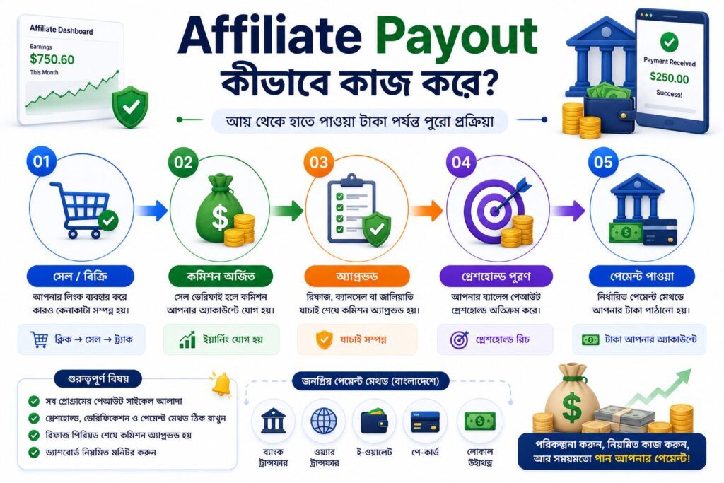 এই ইনফোগ্রাফিকে বিভিন্ন payout threshold-এর তুলনা সহজভাবে দেখানো হয়েছে। কম threshold, মাঝারি threshold এবং বেশি threshold-এর মধ্যে পার্থক্য, প্রথম পেমেন্ট পেতে সম্ভাব্য সময় এবং নতুন ও অভিজ্ঞ অ্যাফিলিয়েটদের জন্য কোনটি বেশি উপযোগী হতে পারে তা ভিজ্যুয়ালভাবে উপস্থাপন করা হয়েছে।