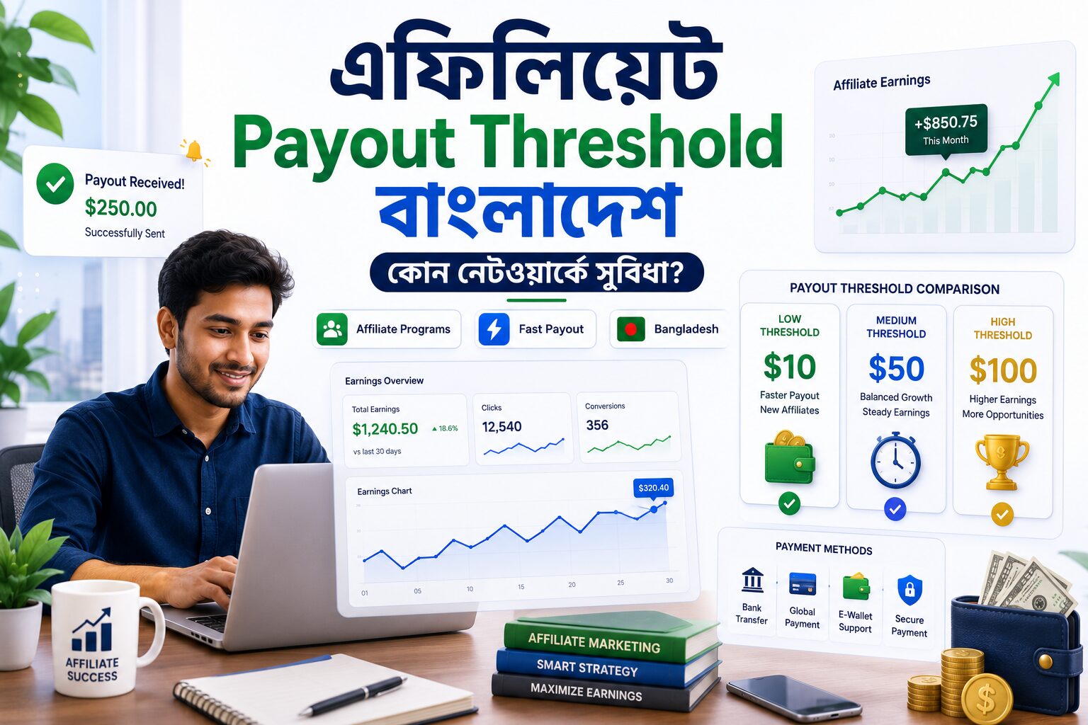 বাংলাদেশে এফিলিয়েট payout threshold বিষয়ে তৈরি একটি হিরো ইমেজ, যেখানে বিভিন্ন payout threshold, অ্যাফিলিয়েট কমিশন, পেমেন্ট পদ্ধতি এবং দ্রুত পেমেন্ট পাওয়ার কৌশল তুলে ধরা হয়েছে।