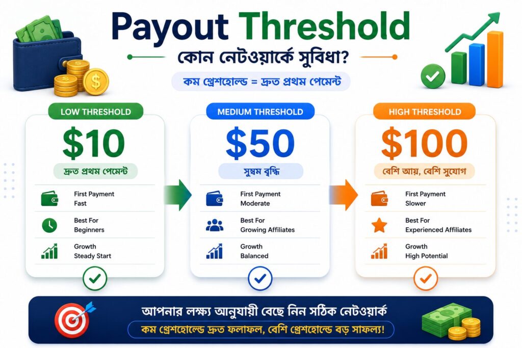 বাংলাদেশে এফিলিয়েট payout threshold বিষয়ে তৈরি একটি হিরো ইমেজ, যেখানে বিভিন্ন payout threshold, অ্যাফিলিয়েট কমিশন, পেমেন্ট পদ্ধতি এবং দ্রুত পেমেন্ট পাওয়ার কৌশল তুলে ধরা হয়েছে।
