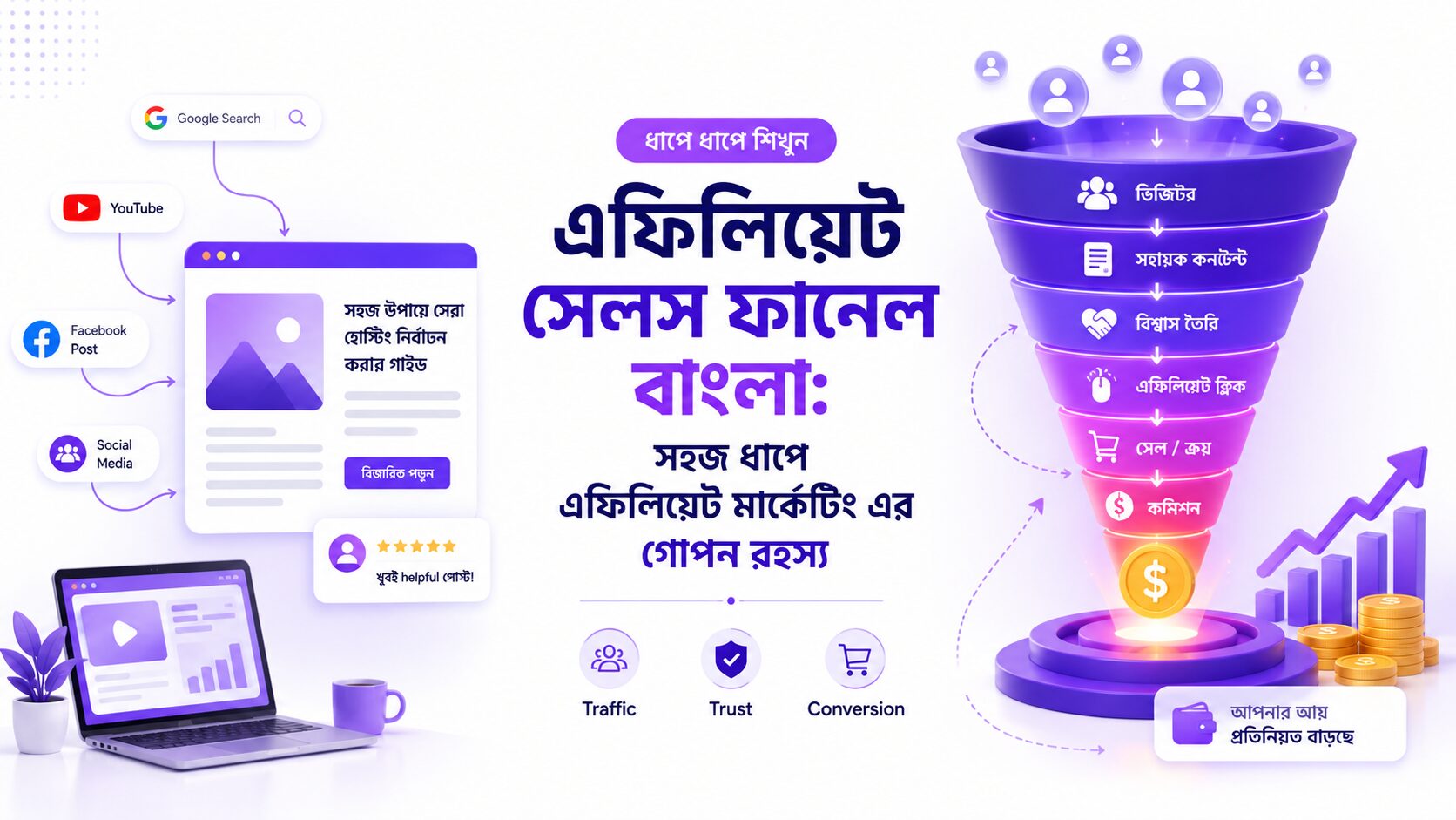 এফিলিয়েট সেলস ফানেল বাংলা: সহজ ধাপে এফিলিয়েট মার্কেটিং এর গোপন রহস্য দেখানো একটি প্রিমিয়াম ইলাস্ট্রেশন যেখানে ট্রাফিক, কনটেন্ট, বিশ্বাস, এফিলিয়েট ক্লিক এবং কমিশনের সম্পূর্ণ যাত্রা তুলে ধরা হয়েছে।