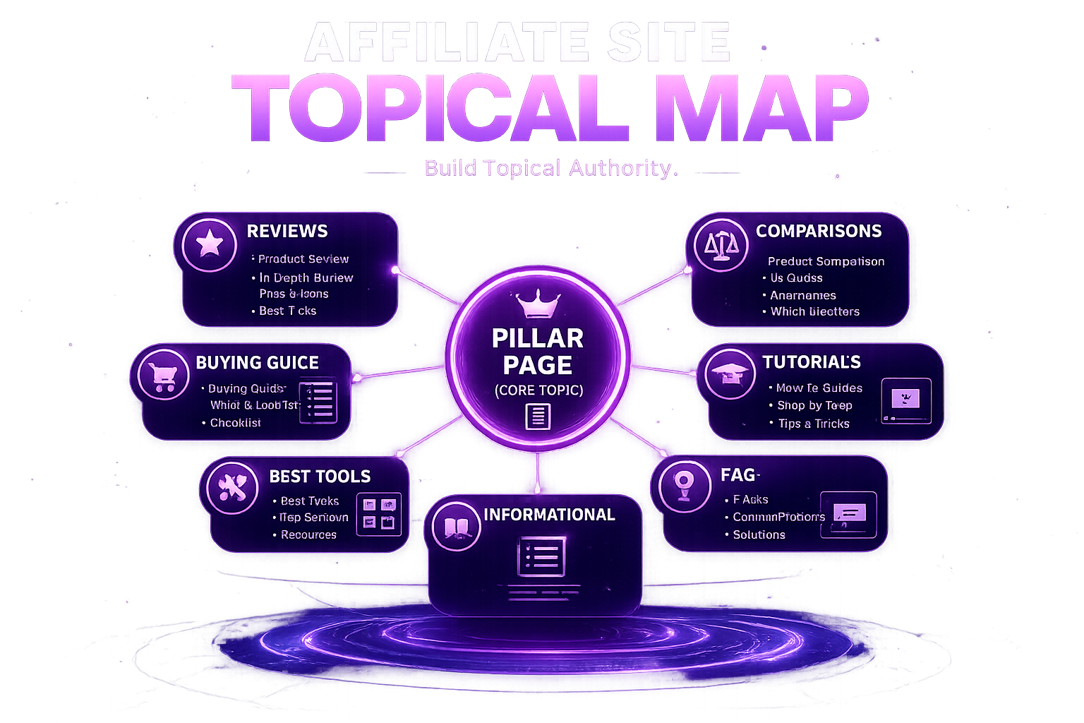 Affiliate Site Topical Map illustration showing a pillar page connected to content clusters, internal linking, semantic SEO structure, and topical authority.