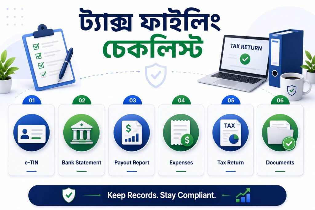 এফিলিয়েট আয় ট্যাক্স জমা দেওয়ার জন্য প্রয়োজনীয় নথির চেকলিস্ট দেখানো একটি ইনফোগ্রাফিক, যেখানে e-TIN, ব্যাংক স্টেটমেন্ট, পেআউট রিপোর্ট, খরচের হিসাব, ট্যাক্স রিটার্ন এবং প্রয়োজনীয় ডকুমেন্ট অন্তর্ভুক্ত রয়েছে।