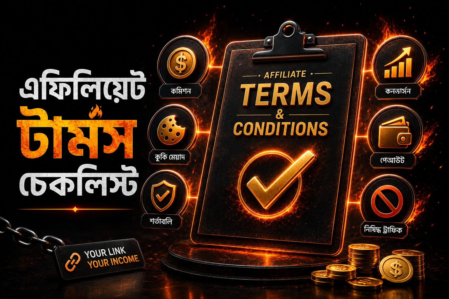 এফিলিয়েট টার্মস চেকলিস্ট বাংলা, কমিশন, কুকি, পেআউট এবং শর্তাবলি যাচাইয়ের জন্য ডার্ক সিনেম্যাটিক ইনফোগ্রাফিক।