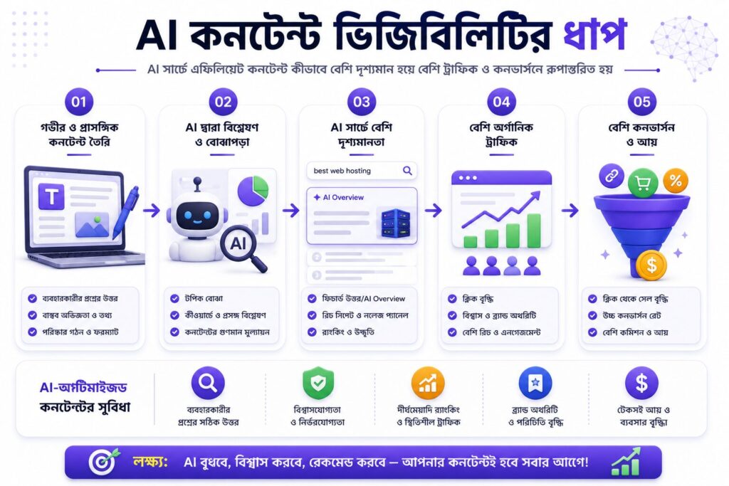 AI কনটেন্ট ভিজিবিলিটির ধাপ দেখানো ইনফোগ্রাফিক যেখানে কনটেন্ট তৈরি, AI বিশ্লেষণ, AI Search-এ দৃশ্যমানতা, অর্গানিক ট্রাফিক এবং কনভার্সনের সম্পূর্ণ Workflow উপস্থাপন করা হয়েছে।