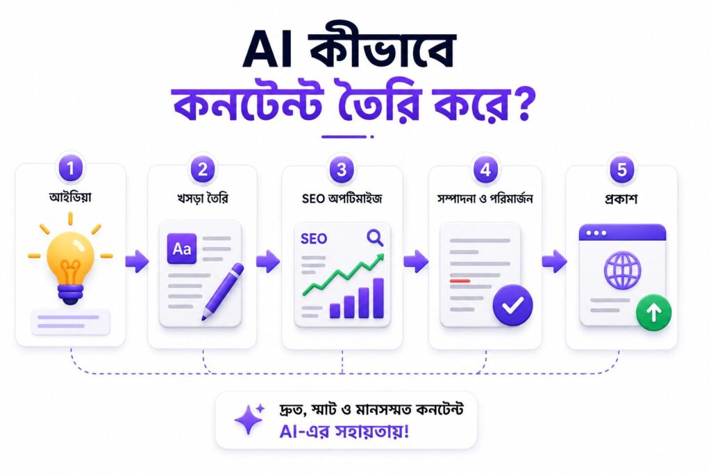 AI কীভাবে আইডিয়া থেকে SEO-অপ্টিমাইজড বাংলা কনটেন্ট তৈরি করে তার ধাপভিত্তিক ইনফোগ্রাফিক।