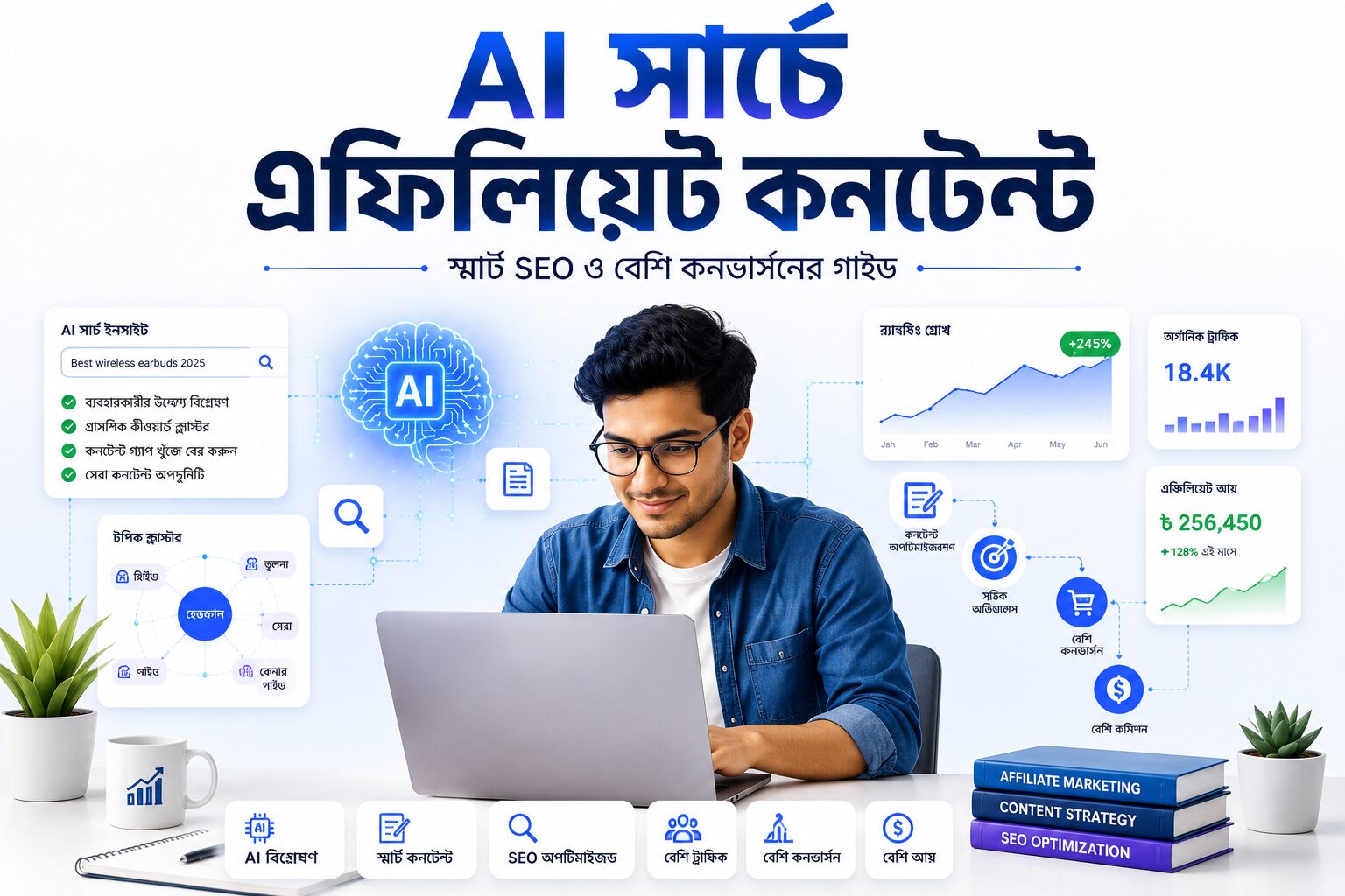 AI সার্চে এফিলিয়েট কনটেন্ট নিয়ে তৈরি একটি হিরো ইমেজ, যেখানে AI-ভিত্তিক SEO, কনটেন্ট অপ্টিমাইজেশন, সার্চ বিশ্লেষণ এবং অ্যাফিলিয়েট মার্কেটিংয়ের আধুনিক ধারণা উপস্থাপন করা হয়েছে।