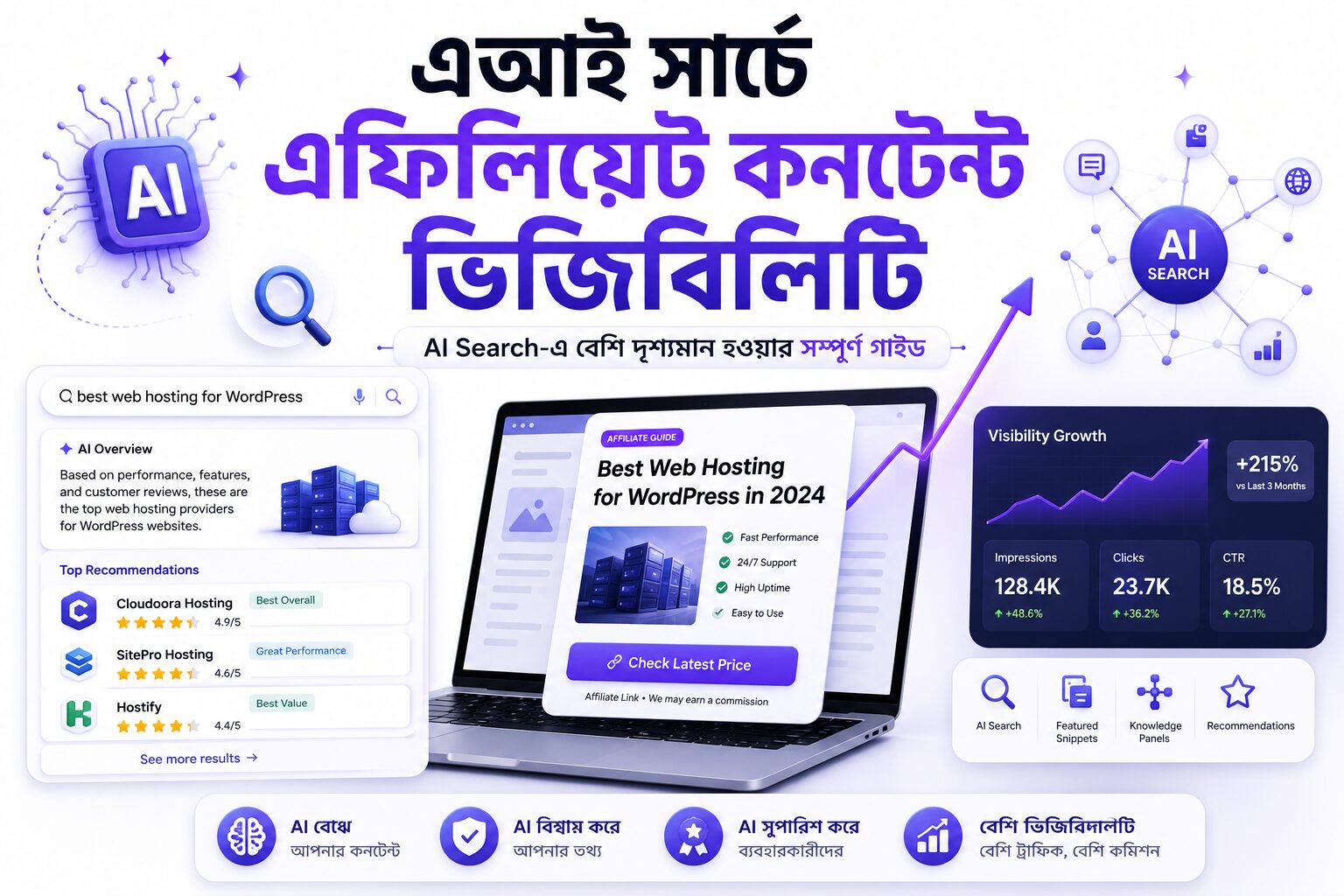 এআই সার্চে এফিলিয়েট কনটেন্ট ভিজিবিলিটি, AI Search, সার্চ ভিজিবিলিটি, SEO অপটিমাইজেশন এবং অর্গানিক ট্রাফিক বৃদ্ধির আধুনিক ইলাস্ট্রেশন।