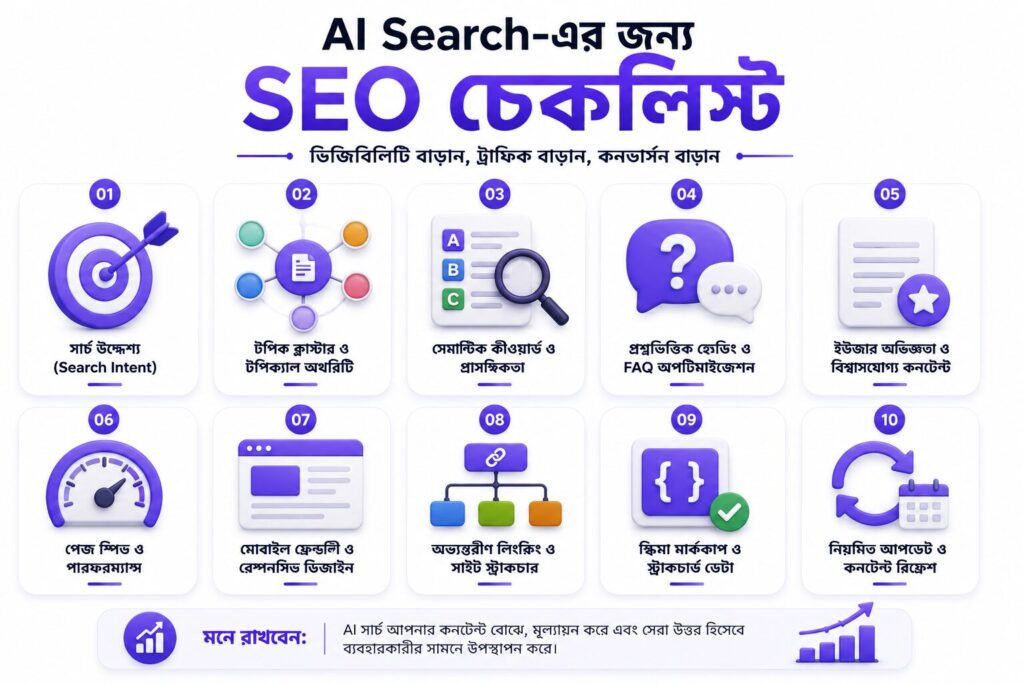 AI Search-এর জন্য SEO চেকলিস্ট দেখানো বাংলা ইনফোগ্রাফিক যেখানে Search Intent, Topic Cluster, Semantic SEO, Internal Linking, Page Speed এবং Content Update-এর মতো গুরুত্বপূর্ণ অপটিমাইজেশন উপাদান দেখানো হয়েছে।