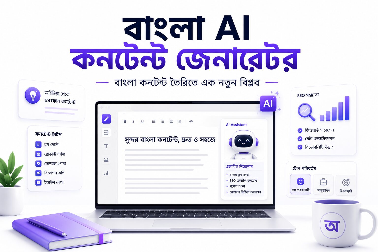 বাংলা AI কনটেন্ট জেনারেটর ব্যবহার করে বাংলা ব্লগ, SEO কনটেন্ট, আর্টিকেল এবং ডিজিটাল কনটেন্ট তৈরির আধুনিক ইলাস্ট্রেশন।