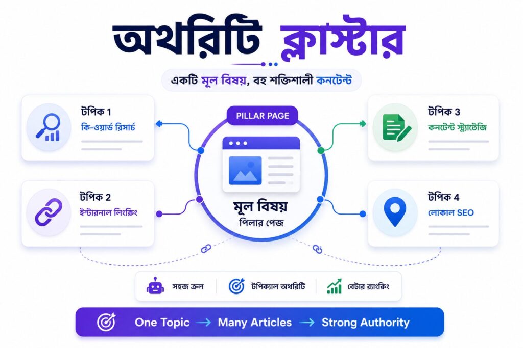একটি authority cluster-এর কাঠামো দেখানো ইনফোগ্রাফিক, যেখানে একটি pillar page-এর সাথে একাধিক সম্পর্কিত topic page এবং internal linking-এর সংযোগ দেখানো হয়েছে।