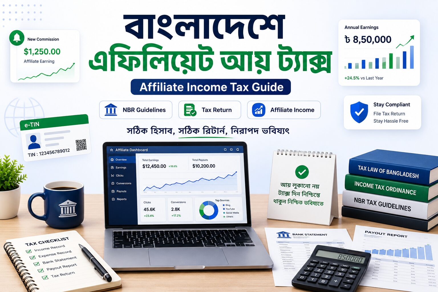 বাংলাদেশে এফিলিয়েট আয় ট্যাক্স বিষয়ে তৈরি একটি হিরো ইমেজ, যেখানে অ্যাফিলিয়েট কমিশন, আয়কর, e-TIN, ট্যাক্স রিটার্ন এবং আর্থিক নথিপত্রের মাধ্যমে সঠিক কর ব্যবস্থাপনার ধারণা তুলে ধরা হয়েছে।