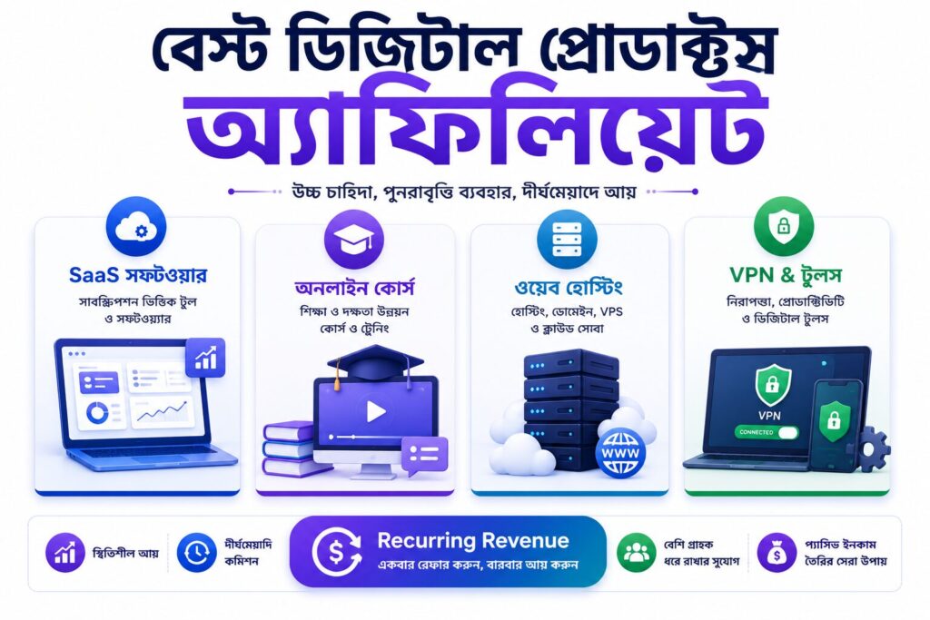 Recurring revenue-এর জন্য জনপ্রিয় ডিজিটাল প্রোডাক্ট ক্যাটাগরি দেখানো একটি ইনফোগ্রাফিক, যেখানে SaaS, অনলাইন কোর্স, ওয়েব হোস্টিং এবং VPN ও ডিজিটাল টুলস তুলে ধরা হয়েছে।