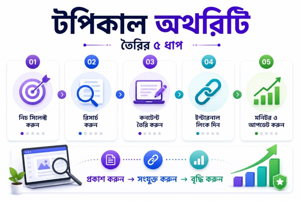 Topical authority তৈরির ধাপগুলো দেখানো একটি ইনফোগ্রাফিক, যেখানে niche নির্বাচন, research, content তৈরি, internal linking এবং নিয়মিত update-এর মাধ্যমে authority বৃদ্ধি দেখানো হয়েছে।