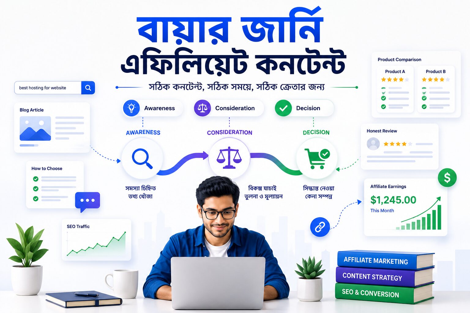 বায়ার জার্নি এফিলিয়েট কনটেন্ট নিয়ে তৈরি একটি হিরো ইমেজ, যেখানে সচেতনতা, বিবেচনা এবং সিদ্ধান্ত—এই তিনটি ধাপের মাধ্যমে অ্যাফিলিয়েট কনটেন্ট কৌশল তুলে ধরা হয়েছে।