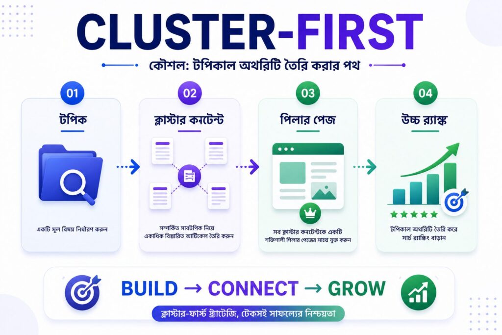 Cluster-First Strategy-এর workflow দেখানো একটি ইনফোগ্রাফিক, যেখানে topic নির্বাচন, cluster content, pillar page এবং ranking improvement-এর ধাপগুলো দেখানো হয়েছে।