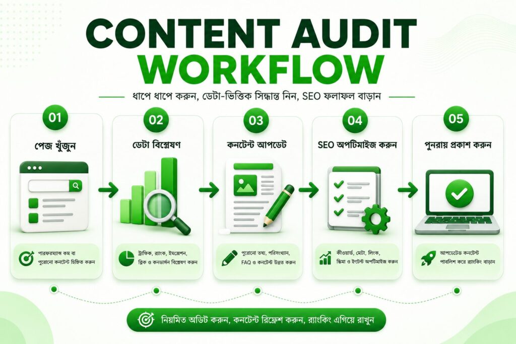 এই ইনফোগ্রাফিকে Content Refresh SEO-এর কার্যকর Content Audit Workflow দেখানো হয়েছে, যা পুরোনো কনটেন্ট মূল্যায়ন থেকে শুরু করে পুনরায় প্রকাশ পর্যন্ত প্রতিটি গুরুত্বপূর্ণ ধাপ ব্যাখ্যা করে।