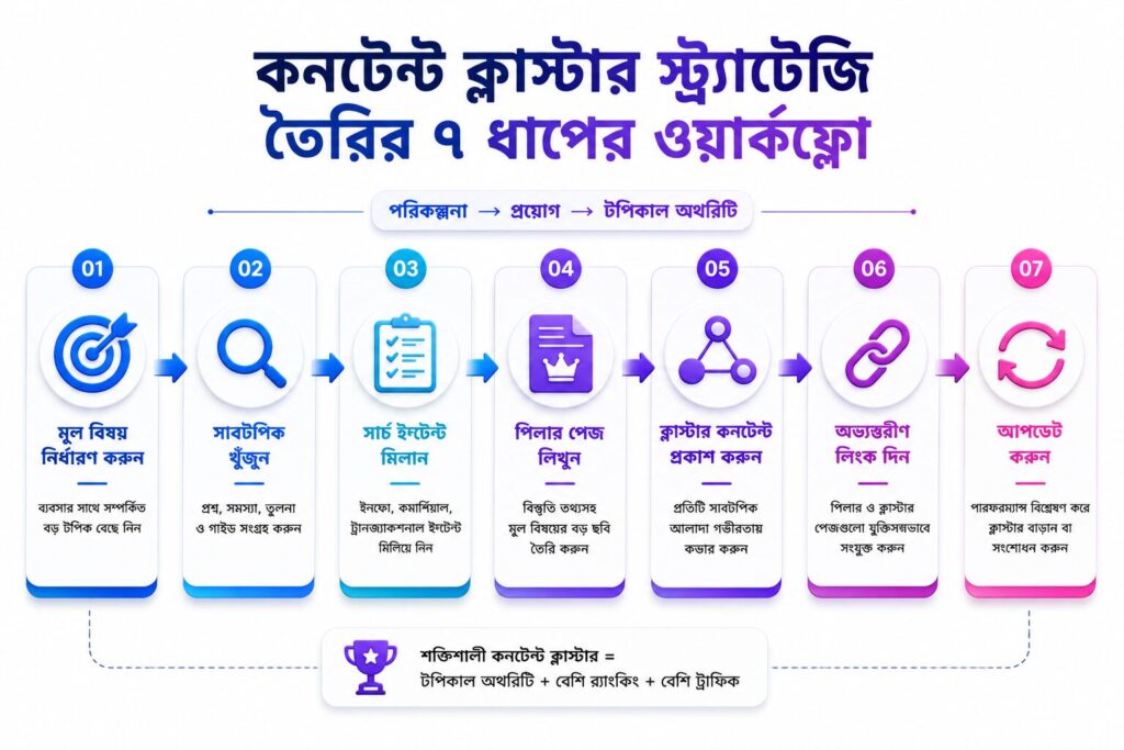 টপিকাল অথরিটি কনটেন্ট ক্লাস্টার বিষয়টি বোঝাতে মূল বিষয় নির্বাচন, সাবটপিক গবেষণা, সার্চ ইন্টেন্ট, পিলার পেজ, কনটেন্ট ক্লাস্টার, ইন্টারনাল লিংকিং এবং আপডেটের ধাপ দেখানো একটি আধুনিক ইনফোগ্রাফিক।