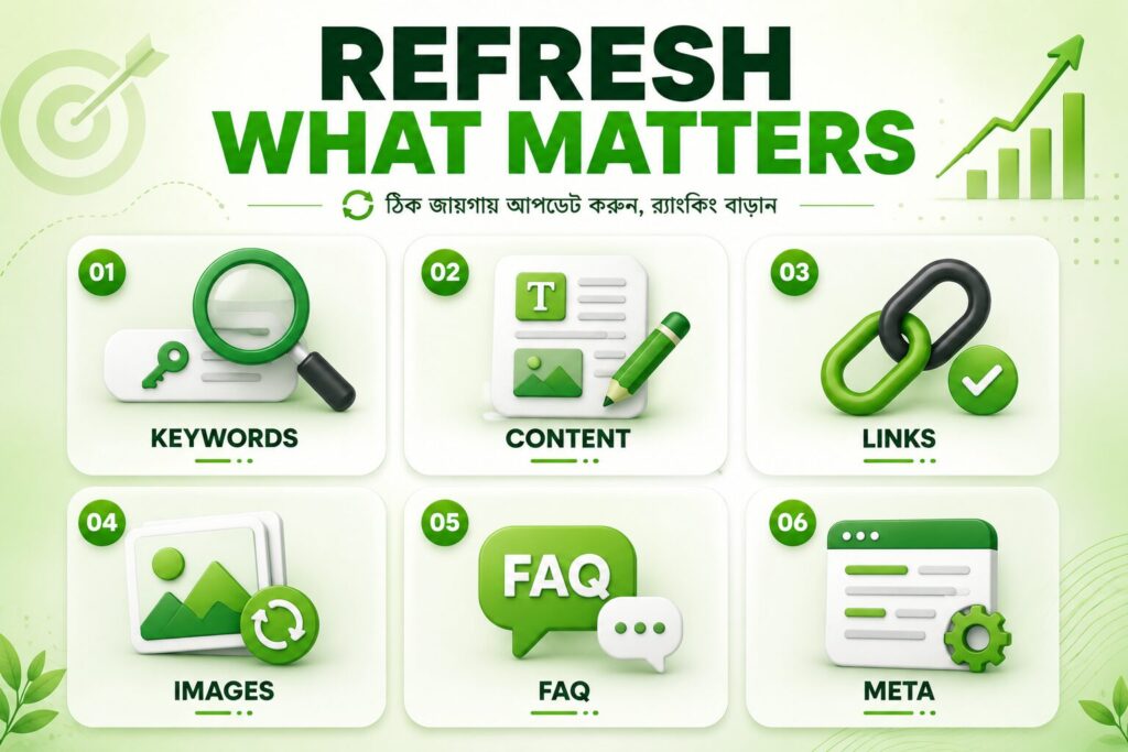 এই ইমেজে Content Refresh SEO-এর জন্য প্রয়োজনীয় গুরুত্বপূর্ণ অপ্টিমাইজেশন চেকলিস্ট দেখানো হয়েছে, যা কীওয়ার্ড, কনটেন্ট, লিংক, ছবি, FAQ এবং Meta তথ্য উন্নত করতে সহায়তা করে।