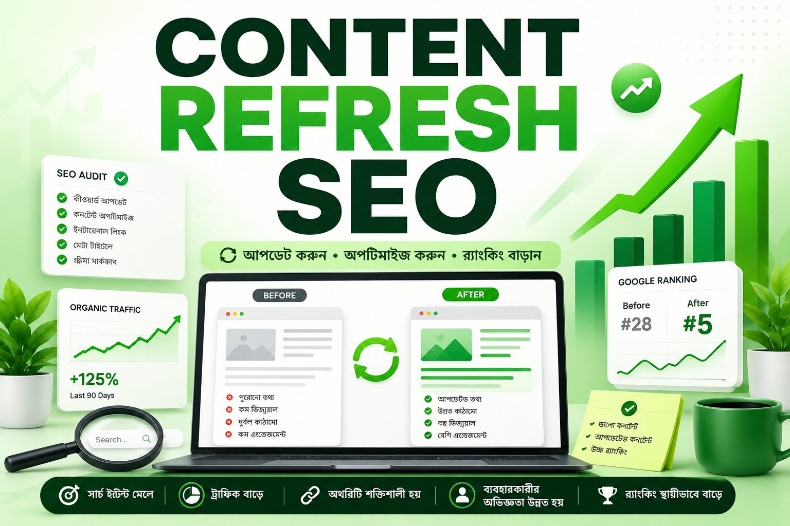 Content Refresh SEO বিষয়টি বোঝাতে পুরোনো কনটেন্ট আপডেট, SEO অপ্টিমাইজেশন, সার্চ র‍্যাংকিং উন্নতি এবং অর্গানিক ট্রাফিক বৃদ্ধির ধারণা ভিজ্যুয়ালভাবে উপস্থাপন করা হয়েছে।