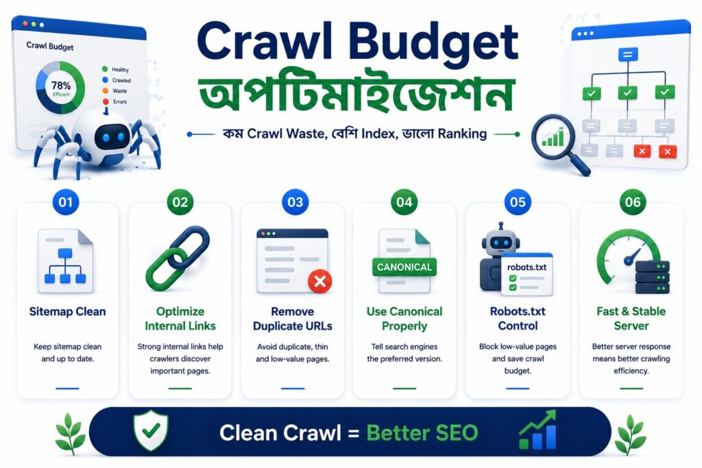 Crawl Budget Optimization দেখানো একটি ইনফোগ্রাফিক, যেখানে sitemap, internal linking, duplicate URL নিয়ন্ত্রণ, canonical tag, robots.txt এবং দ্রুত সার্ভারের মাধ্যমে crawl waste কমানোর কৌশল দেখানো হয়েছে।