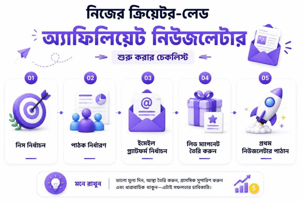 নিজের ক্রিয়েটর-লেড অ্যাফিলিয়েট নিউজলেটার শুরু করার চেকলিস্ট যেখানে নিস নির্বাচন, পাঠক নির্ধারণ, ইমেইল প্ল্যাটফর্ম, লিড ম্যাগনেট এবং প্রথম নিউজলেটার পাঠানোর ধাপ দেখানো হয়েছে।