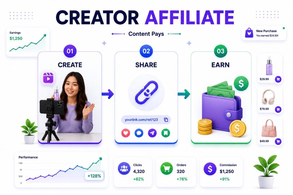 Creator Affiliate Workflow দেখানো একটি ইনফোগ্রাফিক, যেখানে কনটেন্ট তৈরি, অ্যাফিলিয়েট লিংক শেয়ার এবং কমিশন আয়ের ধাপগুলো উপস্থাপন করা হয়েছে।